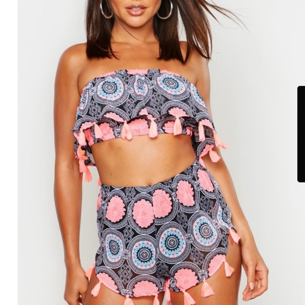 Boohoo Print Bardot Tassel Top & Short Co-ord Set